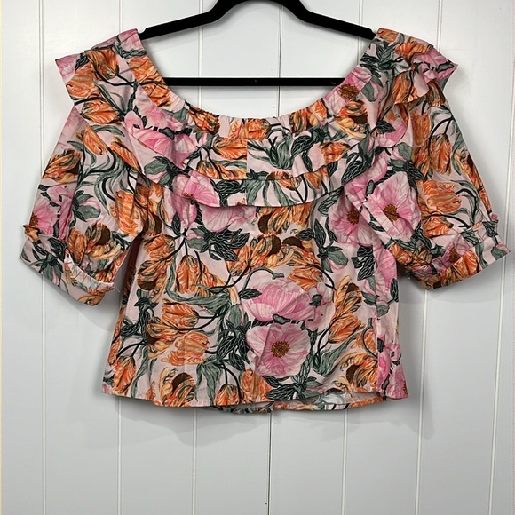 Cecelia Peterson Top XS Pink Green Floral Button Up Off Shoulder Puff Sleeves - Picture 8 of 11